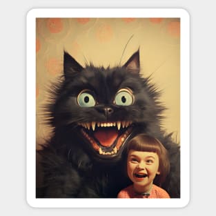 Vintage Little Girl and Creepy Cat - Enchanting Retro Art Sticker